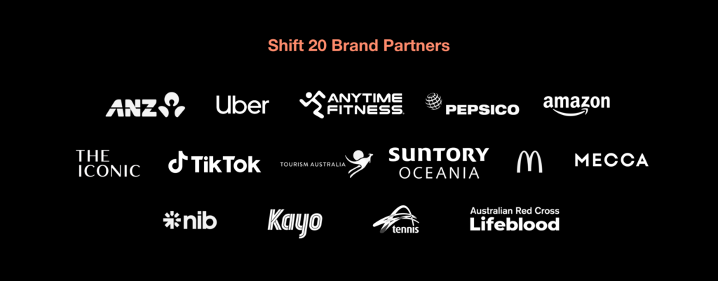A set of white logos on a black background: ANZ, Uber, Anytime Fitness, PepsiCo, Amazon, THE ICONIC, TikTok, Tourism Australia, Suntory Oceania, McDonald's, Mecca, nib, kayo, Tennis Australia, Australian Red Cross Lifeblood